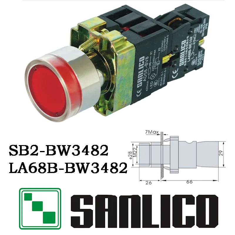 

illuminated metal flush head push button switch with LED SB2(LA68B XB2)-BW3482 momentary spring return