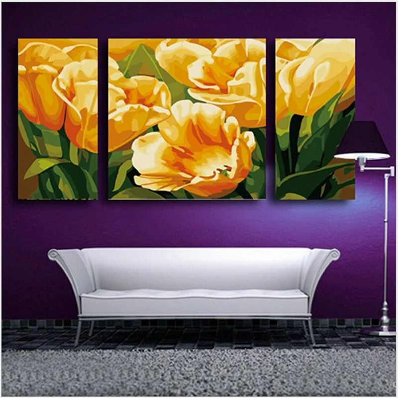 

Yellow tulips flower Triptych canvas painting 3 sizes of painting by numbers home decoration wall pictures for living room H499