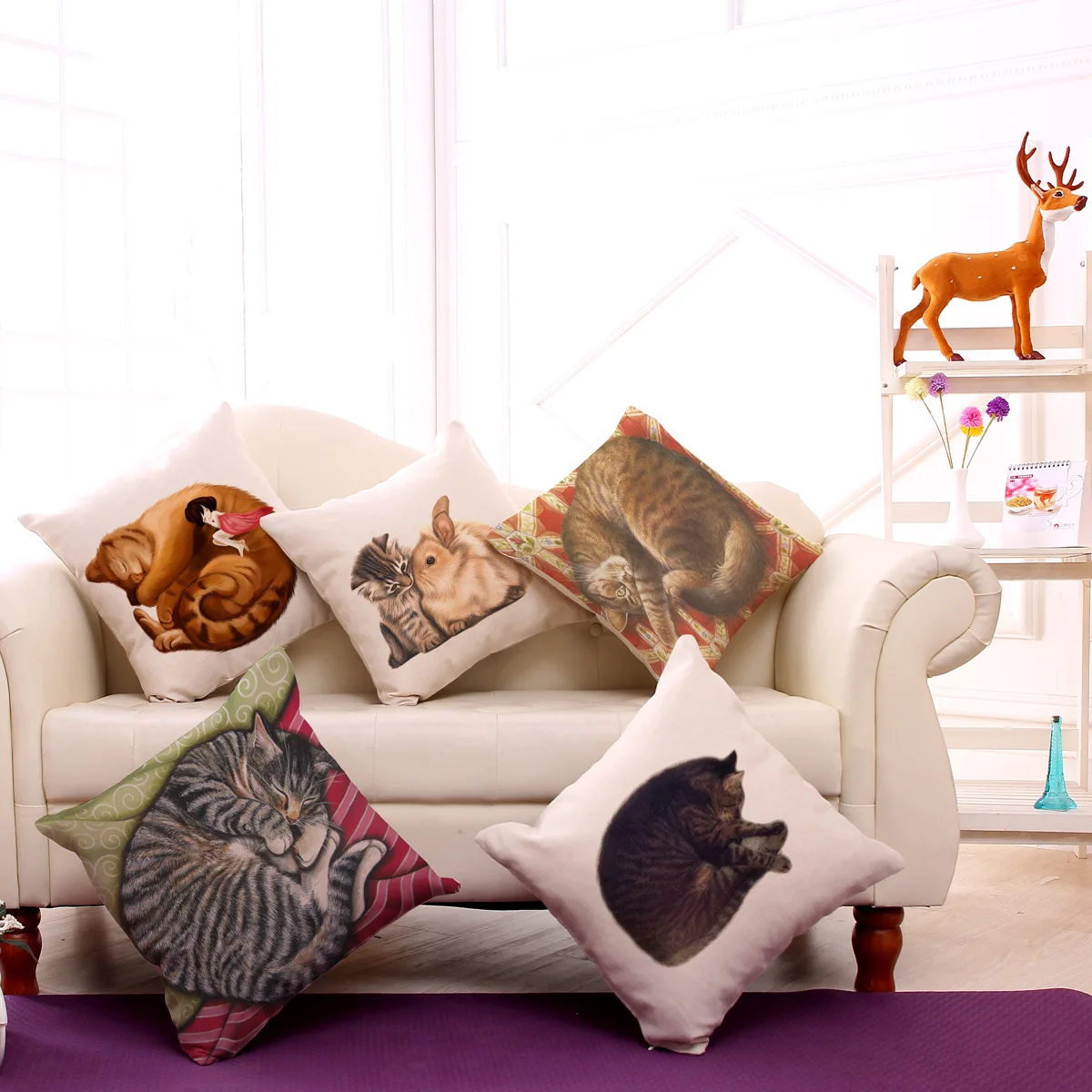 Lazy Curled Up Cat Cotton And Linen Body Pillow Case Print Home