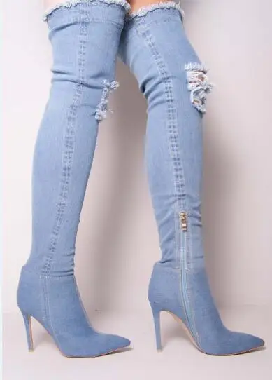 light blue over the knee boots