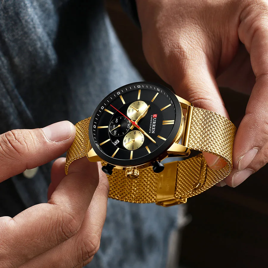 Мужские часы Curren Gold из нержавеющей стали Кварцевые мужские s лучший бренд класса