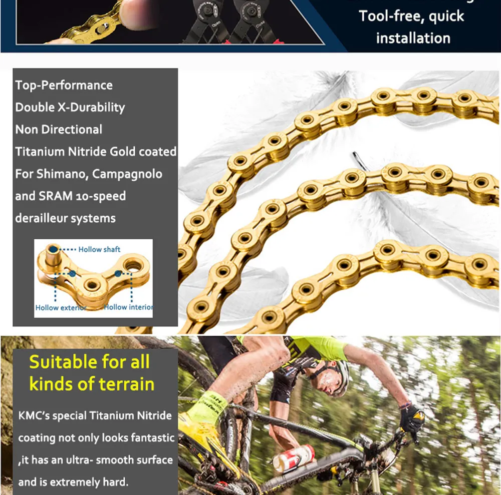 Цепь KMC X8 X9 X10 X10 EPT X9L X10L X11LBike 9S 10S 11S Gold для MTB/шоссейного велосипеда fo Shimano/SRAM 8 9 10 11 speed 116L/цепной велосипед