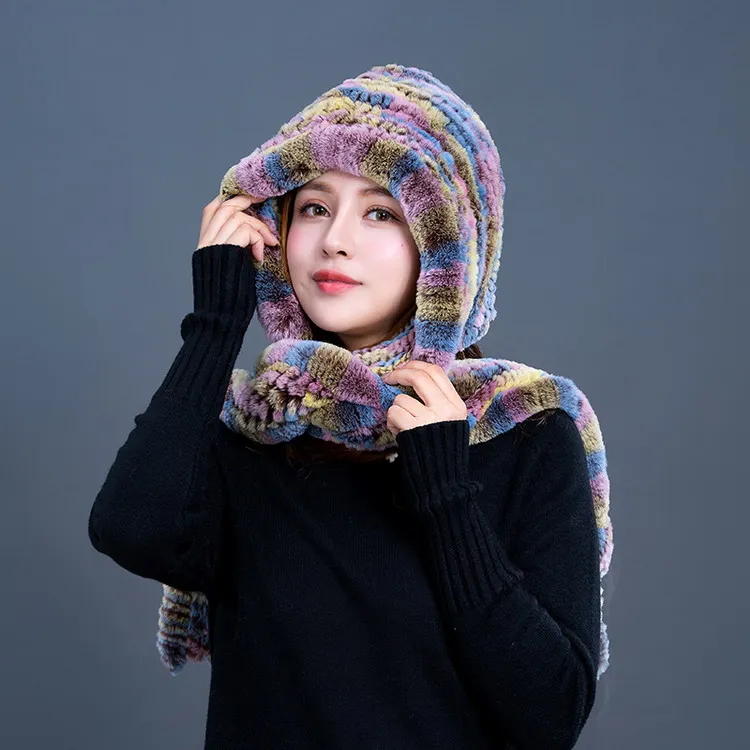 [Rancyword] женские зимние шарфы шапки роскошный меховой шарф женский натуральный мех кролика шапка для женщин шарф с капюшоном RC1356 - Цвет: colorfur blue