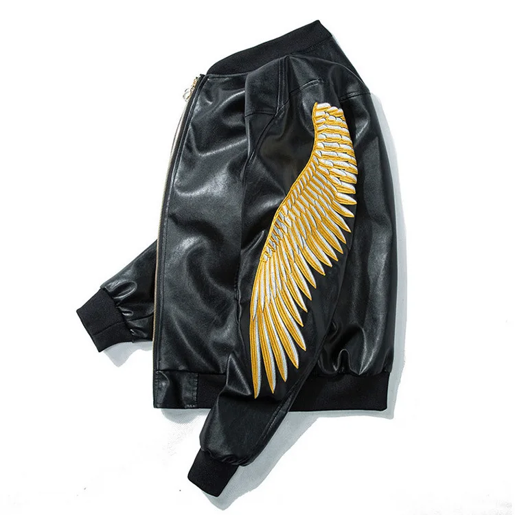 Осень Курточка бомбер кожаная куртка Для мужчин мотоцикл перо крыла вышивка хип-хоп куртка Пара Мода Повседневное уличная панк