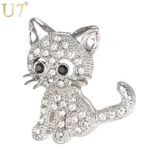 U7 Brand Cute Animal Little Cat Brooch For Women Gift Wholesale Silver/Gold Color Rhinestone Crystal Pin 2017 Hot Jewelry B119