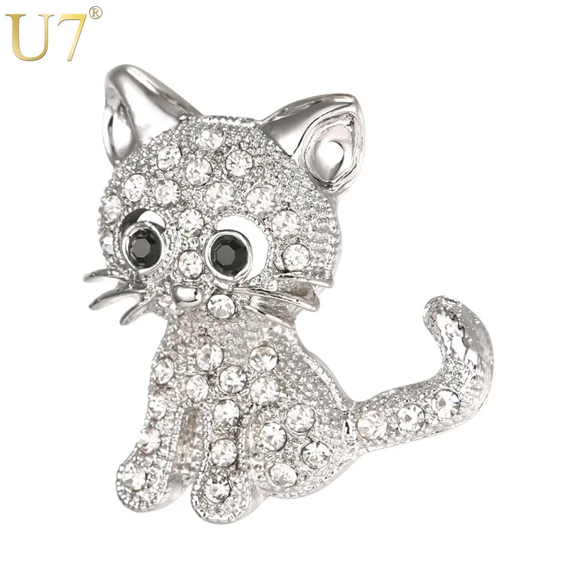 Prix pour U7 Marque Animal Mignon Petit Chat Broche Pour Femmes Cadeau En Gros Argent/Or Couleur Strass Cristal Broches 2017 Chaude bijoux B119 Prix pour U7 Marque Animal Mignon Petit Chat Broche Pour Femmes Cadeau En Gros Argent/Or Couleur Strass Cristal Broches 2017 Chaude bijoux B119