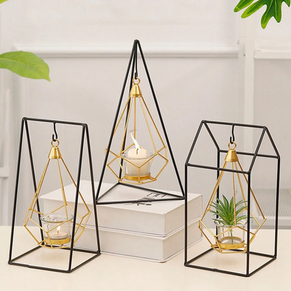 1Set Nordic style Geometric Design Gold Glass Iron Candle Holder