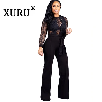 

XURU summer new women's lace jumpsuit suit sexy hollow black jumpsuit
