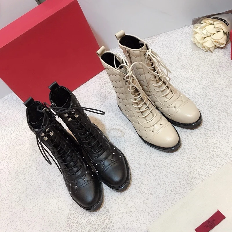 

Botines mujer ankle boots for women rivets botas black leather cowboy boots for women lace up ladies shoes motorcycle boots