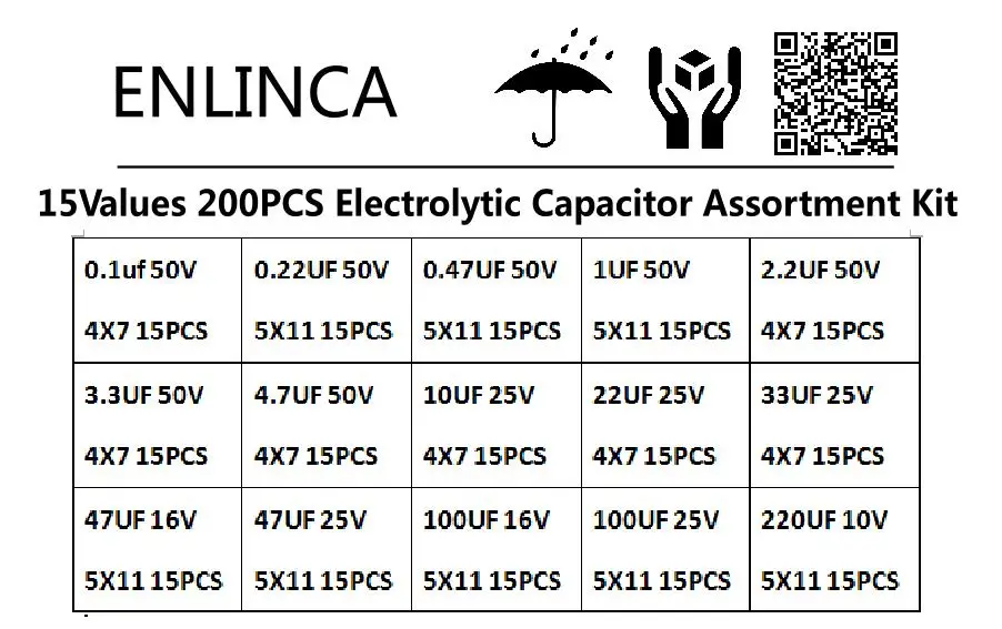 200 шт./лот радиальные комплект конденсаторов 15 значений 10V 16 V, алюминиевая крышка, 25В с алюминиевой крышкой, 50В 0,1 мкФ-220 мкФ электролитический набор различных конденсаторов 0,22 мкФ 2,2 мкФ 100 мкФ