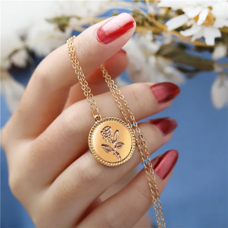 

17MILE Simple Gold Color Coin Necklace Rose Flower Necklace Collier Round Pendant Necklace for Women Kolye Collares