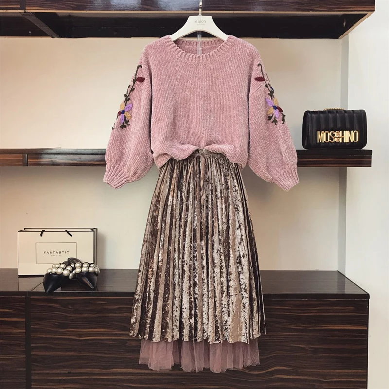 

Spring Autumn Two Piece Set Dresses Vintage Dress Elegant Dress Women 2019 Korean Clothes Sweater+skirt Plus Size ZT1837