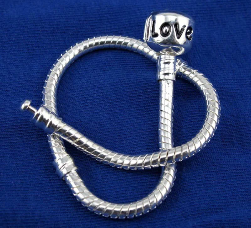 Silver Snake Chain Charm Bracelet with Black Enamel LOVE Barrel Clasp