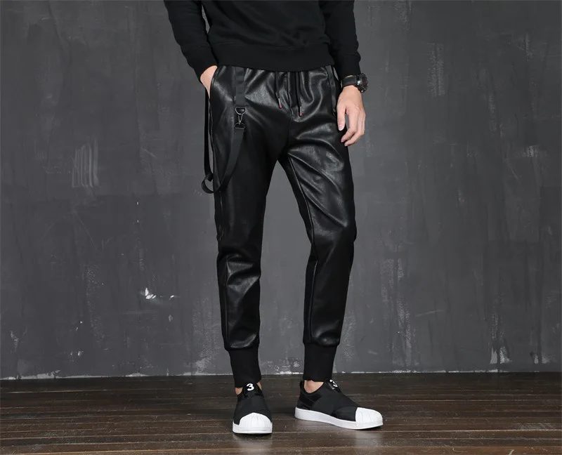 Весенне-осенние повседневные брюки для бега черные шаровары мужские повязки тонкая искусственная кожа брюки-карандаш в стиле пэчворк