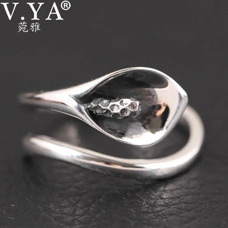 

V.YA 925 Sterling Silver Calla Lily Flowers Open Rings For Women Jewelry High Quality Vintage Style Lady Jewelry