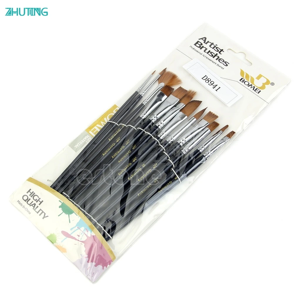 12X Artist Paint Brush Set Nylon Wool Watercolor Acrylic Oil Painting Supplies