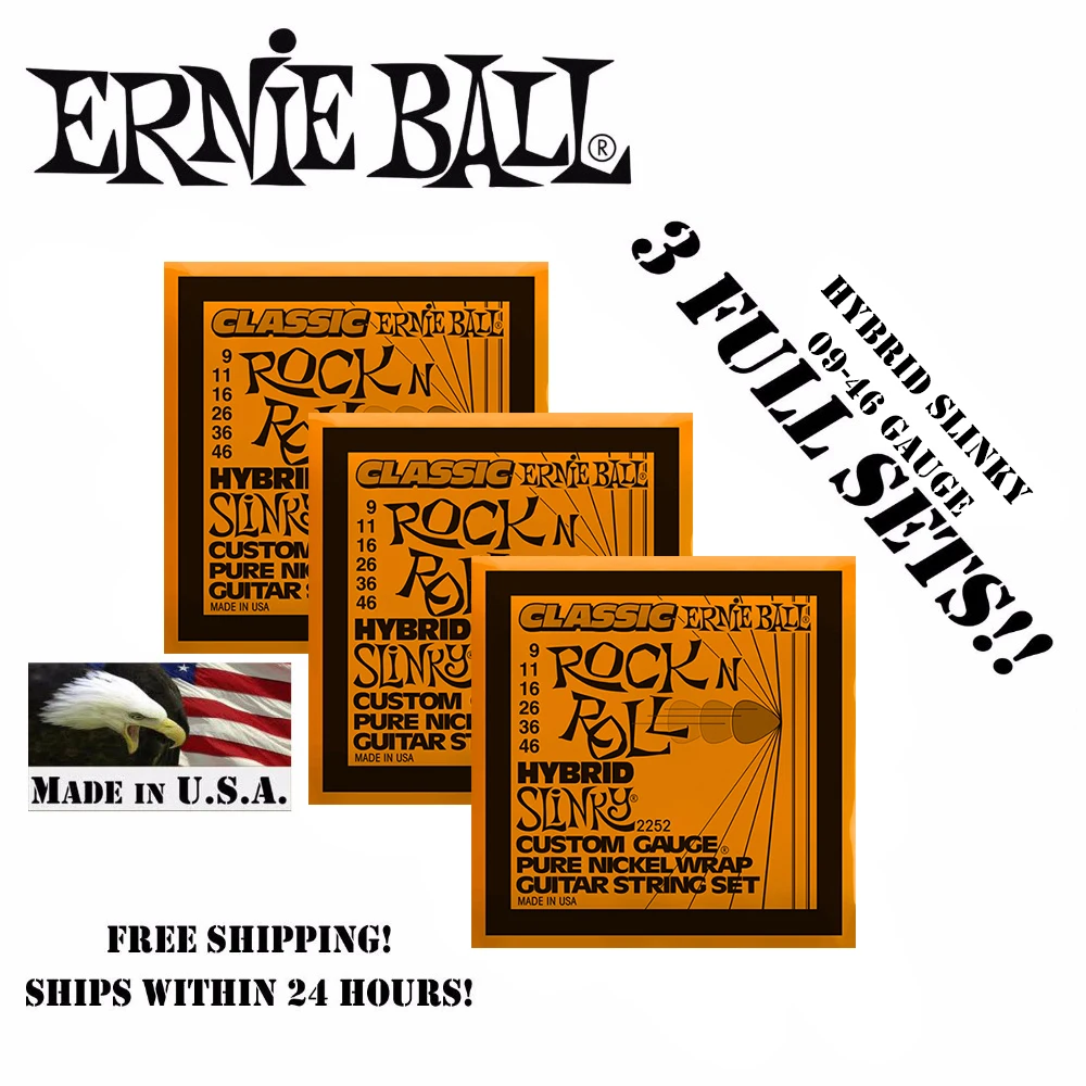 

3 Packs! Original Ernie Ball 2252 Classic Pure Nickel Wrap Hybrid Slinky Electric Guitar Strings 9-46