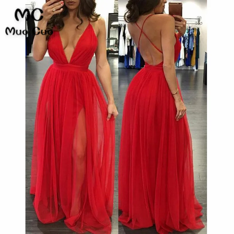 A-Line Deep V-neck Floor-Length Backless Red Prom Dress with Ruched