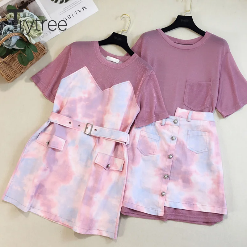 

Trytree Summer Women Two piece set Casual Camouflage Elastic Long Top + Skirt Pink Suit 2 Piece Set + Belt Patchwork Femal Dress