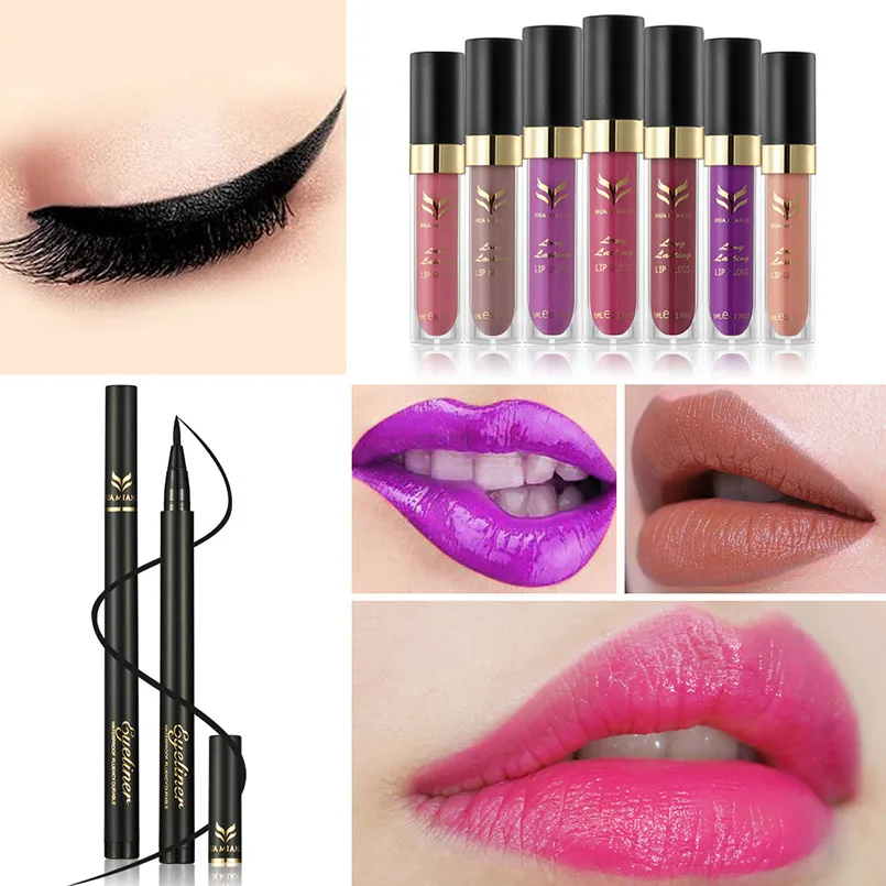 

HUAMINALI Black Liquid Eyeliner&Lip Gloss Combination Makeup Tool Kits Waterproof Liquid Lipstick Lipgloss Eyeliner Maquiagem
