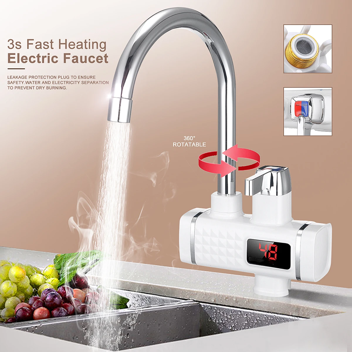 

220V 3000W Electrical Faucet Tankless Instant Hot Water Heater Tap LCD Fast Instantaneous Kitchen WaterHeating Faucets Heater