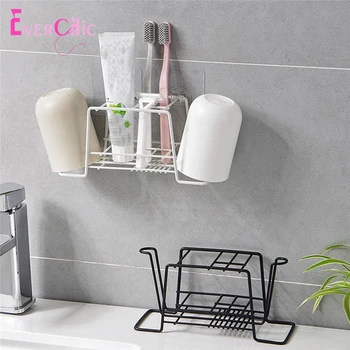 

Bathroom Wrought Iron Wall Mount No Drilling Durable Home Practical Toothpaste Back Adhesive Simple Storage Toothbrush Holder