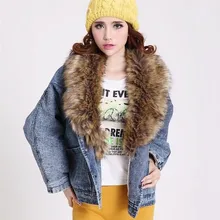 Women Winter Fleece Denim Jacket With Detachable Fur Collar New 2016 Ladies Retro Vintage Jean Jackets Free Shipping
