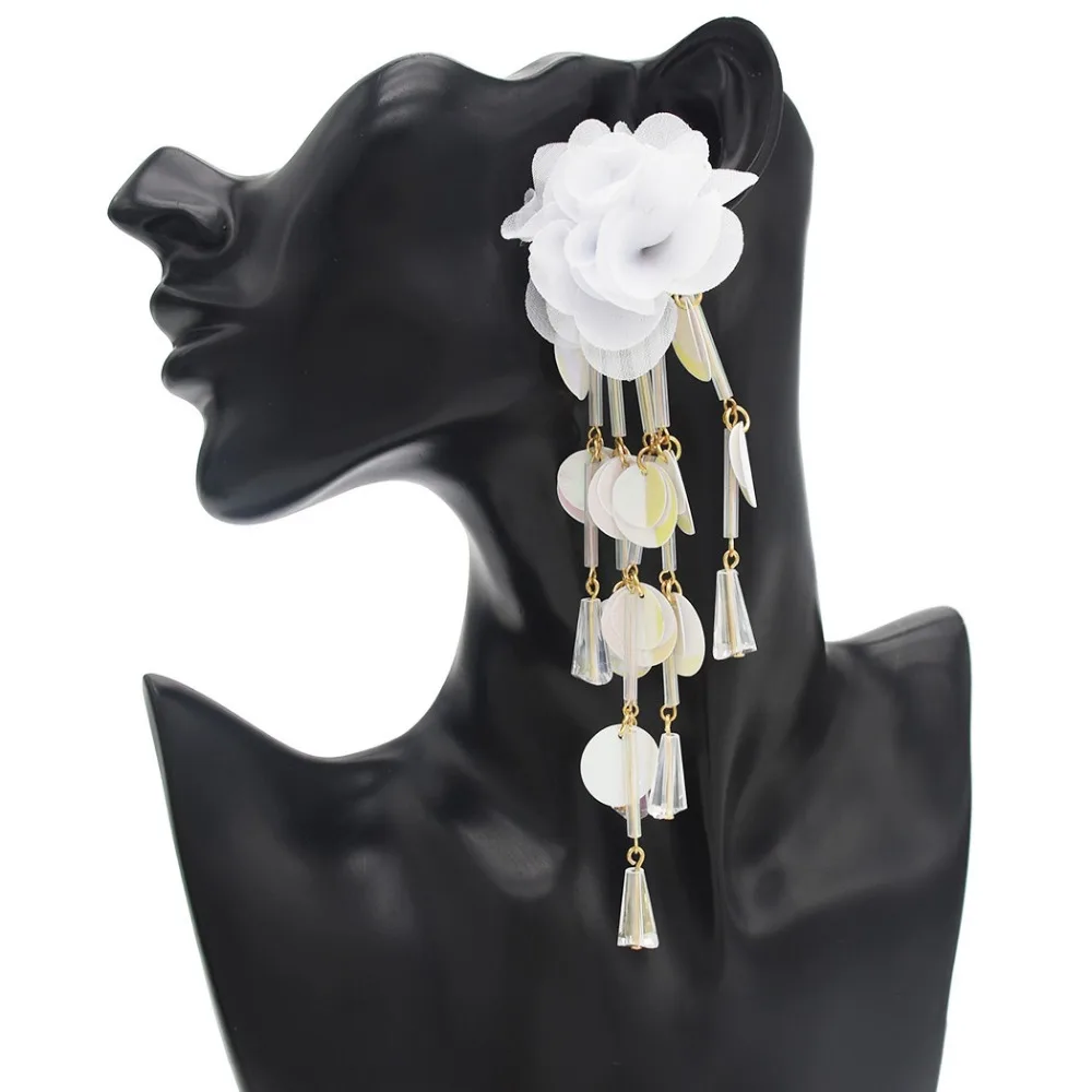 Elegant 6 Colors New Fashion Trendy Drop Earrings Fabric Lace Flower Shaped Charms Fringed Glass Sequins Long Tassel Earrings