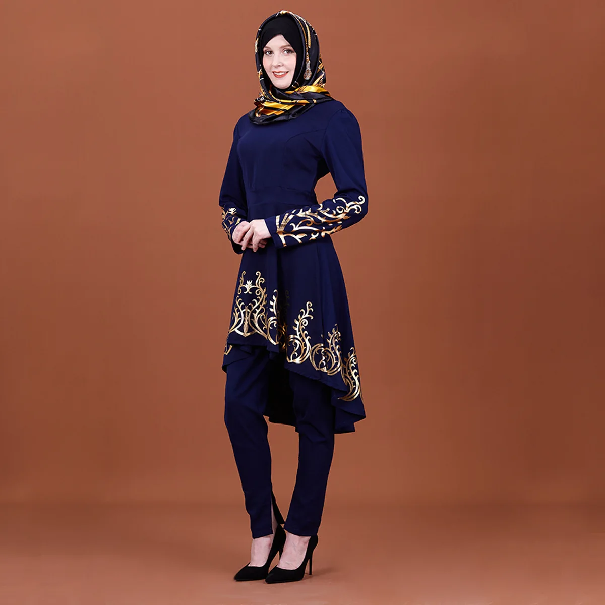 WEPBEL мусульманская позолоченная печать женская одежда Ближний Восток сплошной цвет Рамадан Исламская абайя - Цвет: navyblue