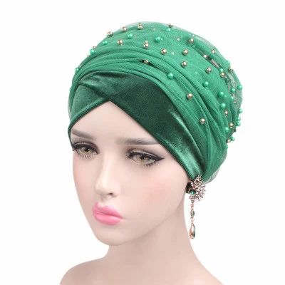 Новое поступление, сетчатый бархатный мусульманский платок с жемчугом, хиджаб с рюшами, элегантный тюрбан, мягкие удобные шапочки, головной убор для мамы - Цвет: 1