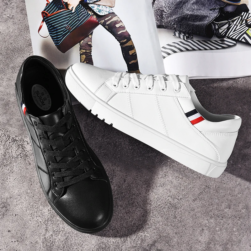 SUROM Leather Casual Shoes Men White Lace Up Fashion Classic Men Dress Shoes Black Flats Male Comfortable Breathable Lightweight