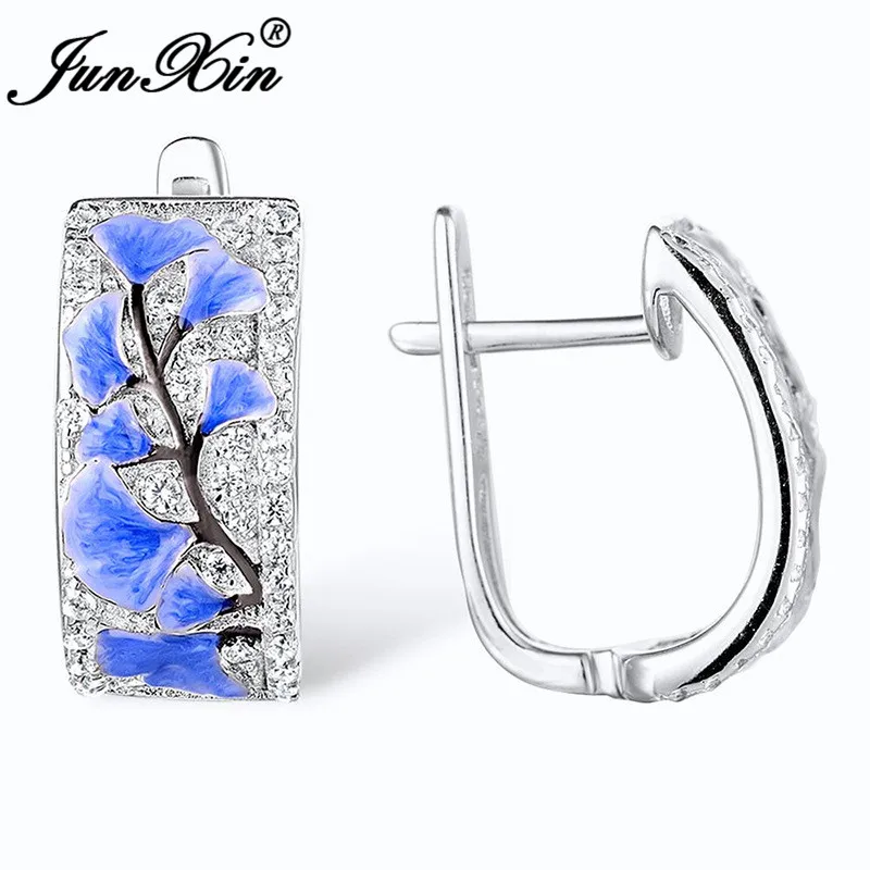 Cute Blue Enamel Maple Leaf Hoop Earrings For Women 925 Silver Color White Crystal Stone Wedding Earrings Plant Fashion Jewelry