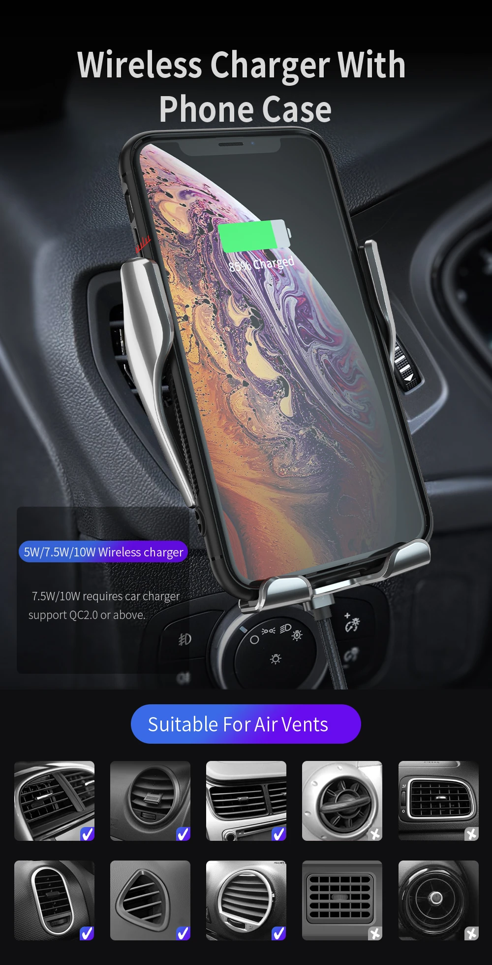 Suporte do Telefone do Carro de Fixação Carregador sem Fio de Carregamento Rápido para Iphone Automática Dcae x xs xr 8 11 Samsung S10 s9 s8 Nota 10 w qi 9 Automática 10 DCAE W Qi Carregador Sem