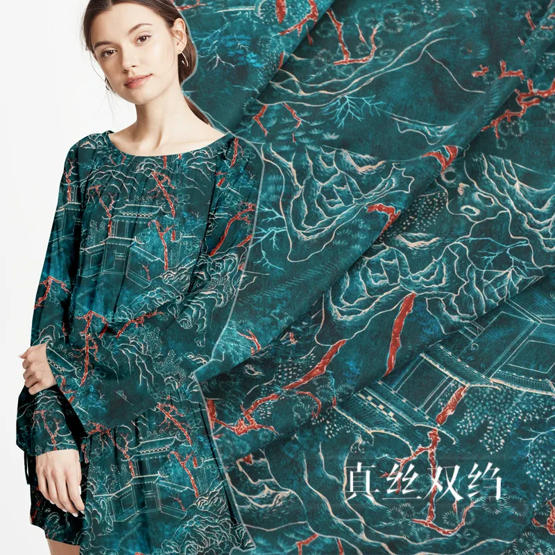 

New 140cm wide 16mm green mountain printed silk crepe cloth spring and summer Natural silk fabric silk cloth dress shirt