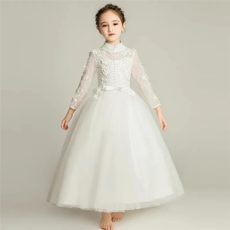 2018 Autumn Winter New Children Girls Pure White Color Birthday Wedding Party Princess Lace Dress Kids Teens Piano Pageant Dress