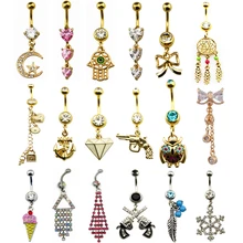 1 шт., очаровательные кольца для пупка, хирургическая сталь, золотая луна, звезда, пистолет, пирсинг пупка, снежное сердце, висячие украшения для живота, для тела, 14 г