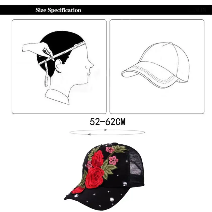 Для женщин Для мужчин регулируемый цветок розы Rhinestone деним Бейсбол сетки Кепки шляпа летнее солнце Шапки для Для женщин Сплошной Snapback Кепки