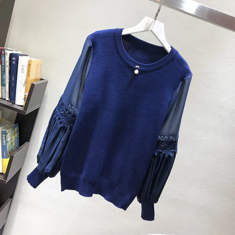 navyblue LUOSHA женский осенне-зимний вязаный рукав в форме фонаря с вышивкой 3D пуловер в цветочек и свитера женский джемпер Pull Femme - Цвет: navyblue