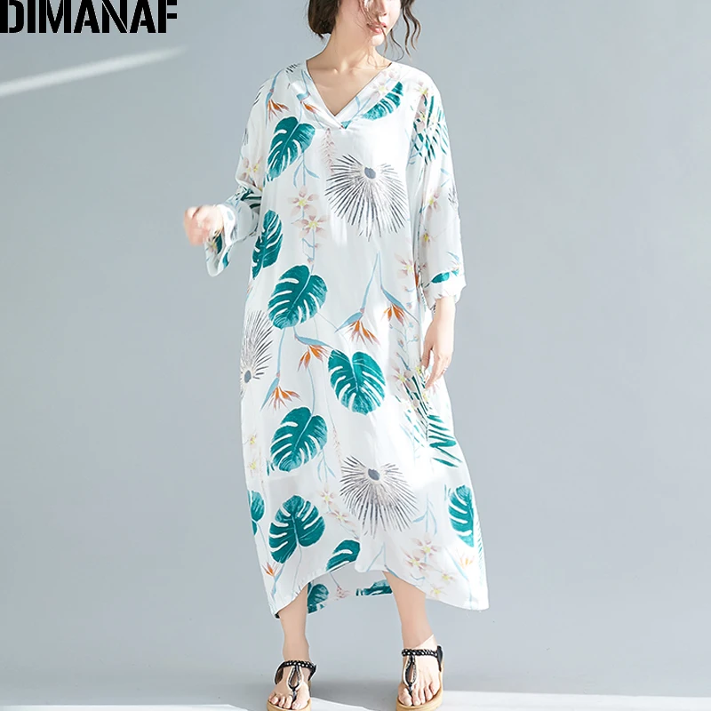 

DIMANAF Plus Size Women Maxi Dress Summer Sundress Female Vestidos Elegant Lady Beach Dress Long Sleeve Loose Print Cotton 2019
