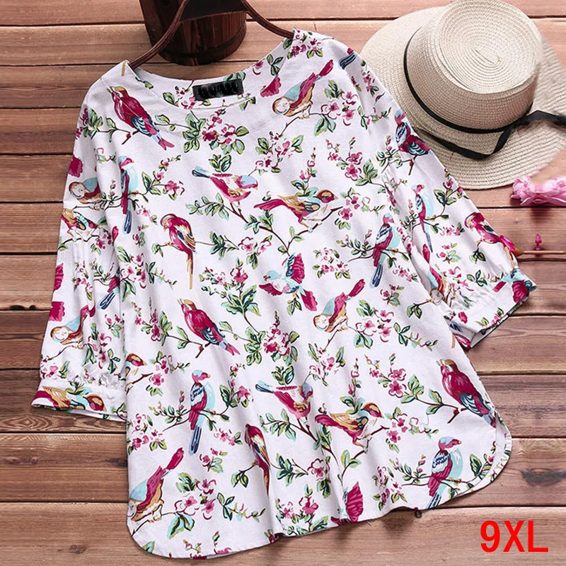 Large size women's shirt cotton and linen printed plus size 5XL 6XL 7XL 8XL 9XL summer round neck long sleeve loose white top