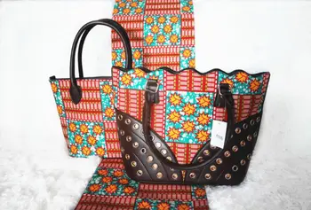 

6Yards fashion colorful background printed flower pattern batik wax match african two big handbag set for dress XB12