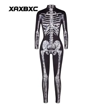 

XAXBXC 003 Sexy Girl Bodysuit Halloween Skull Diamond Crystay skeleton Cosplay Print Zipper Elastic Slim Fitness Women Jumpsuits