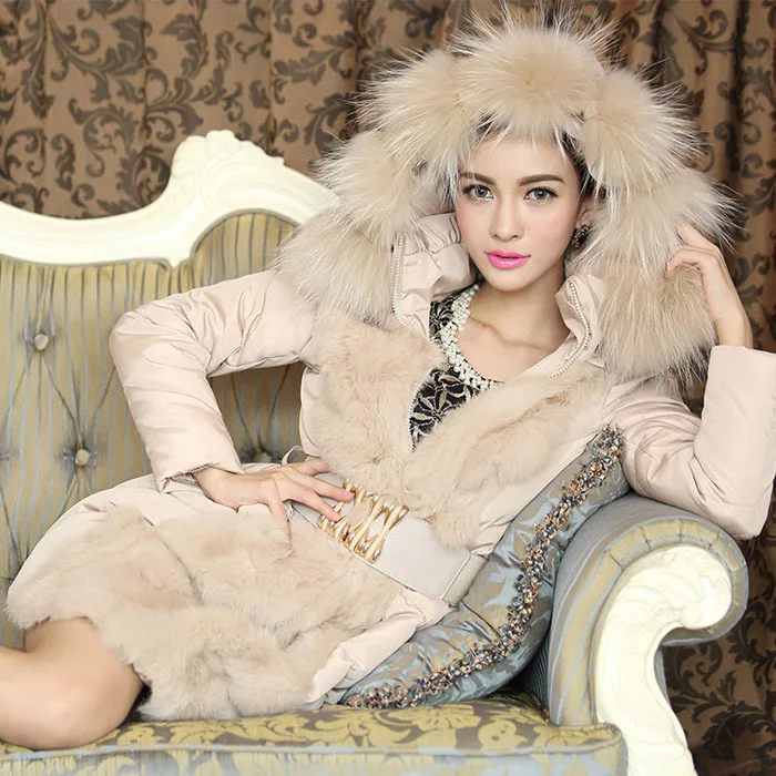 Lady Fashion Winter Luxury Slim Raccoon Fur Collar Hood Spliced Down Coat Jacket | Женская одежда