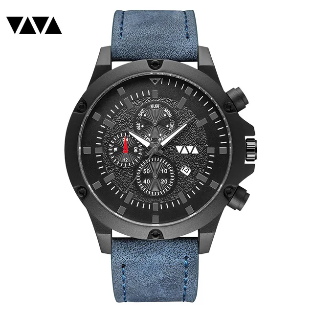Модные часы Топ бренд кожа кварцевые часы водонепроницаемые спортивные мужские большие часы повседневные Ретро Мужские наручные часы Relogio Masculino - Цвет: Синий