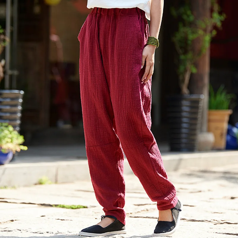 

Johnature Women Solid Color Cotton Linen Long Pants New Vintage Casual Simple 2019 Spring Elastic Waist Patchwork Pencil Pants