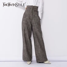 TWOTWINSTYLE льняные широкие брюки женские полосатые с высокой талией и карманами длинные брюки винтажные Большие размеры Весенняя женская одежда