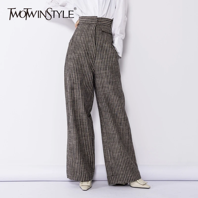

TWOTWINSTYLE Linen Wide Leg Pants Female Striped High Waist Pocket Long Trousers Vintage Large Size Spring Women 2019 Clothing