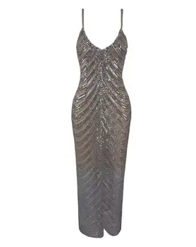 

Vestidos Women Sexy Mesh Sequins Long Party Dress 2019 Designer Open Fork Trendy Bling Long Party Dress
