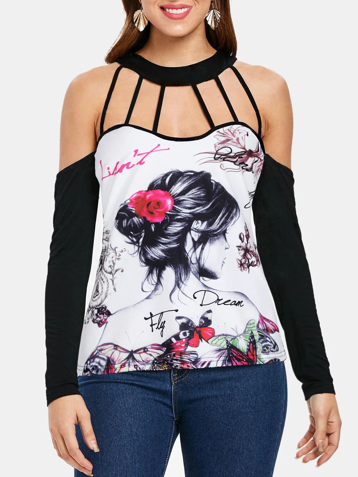 

Mr.nut fashion printed ladies shirt round neck loose ladies shirt trend street dress shirt