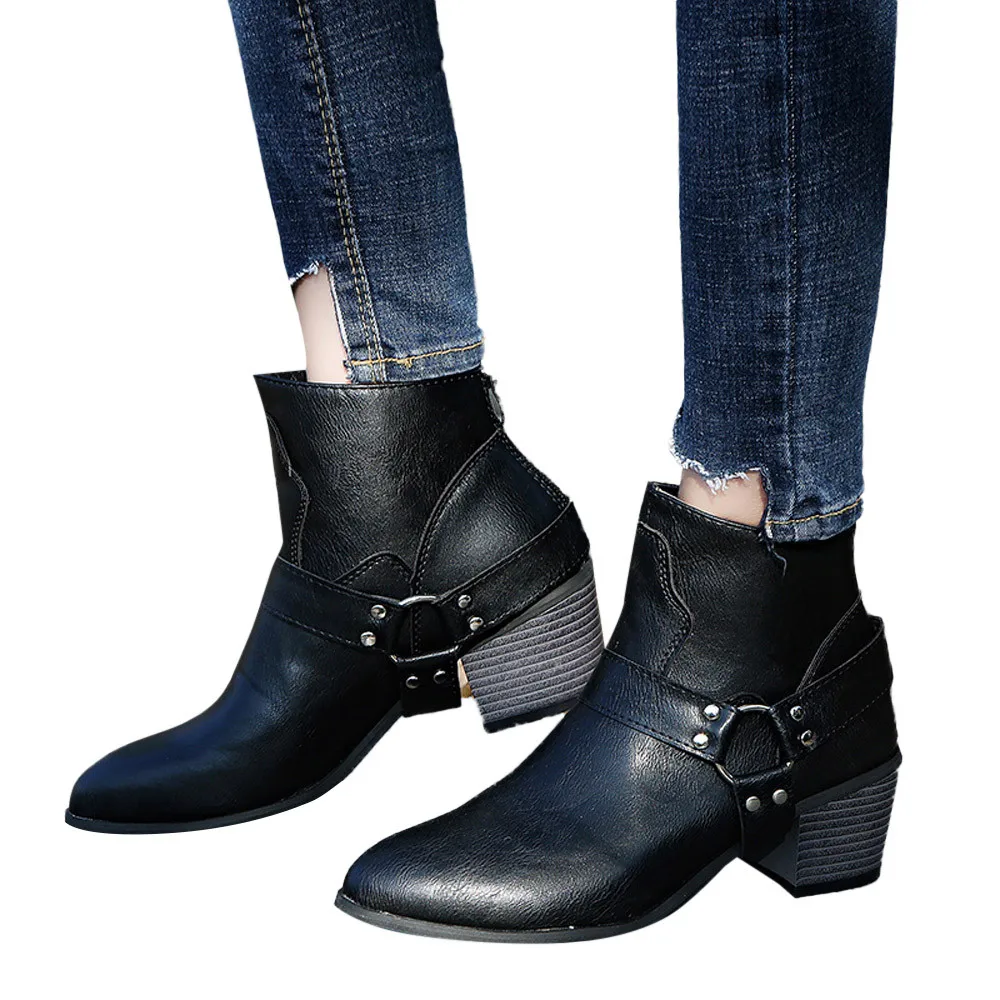 2018 New Women's Boots Motorcycle Biker Leather Shoes Ankle Boots Retro
